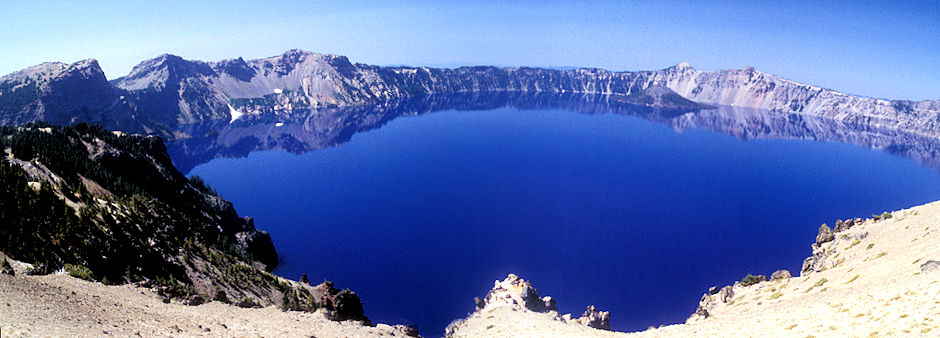 Wizard Island on right with The Watchman and Mt. Hillman above, Crater Lake, Crater Lake National Park, Oregon