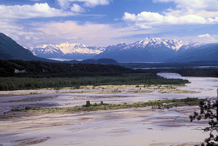 View from Glenn Highway over Knik River to Mt. Goode (left) and Mt. Gannett (right) near Palmer, Alaska