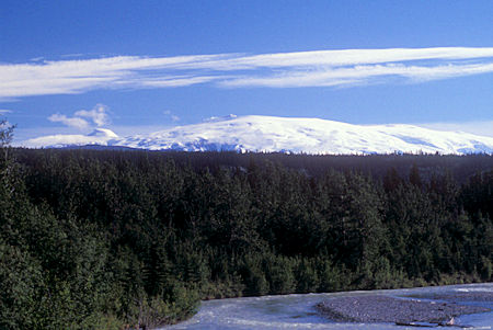 View of Wrangell Mountains from Tonsina River bridge on Edgerton Highway