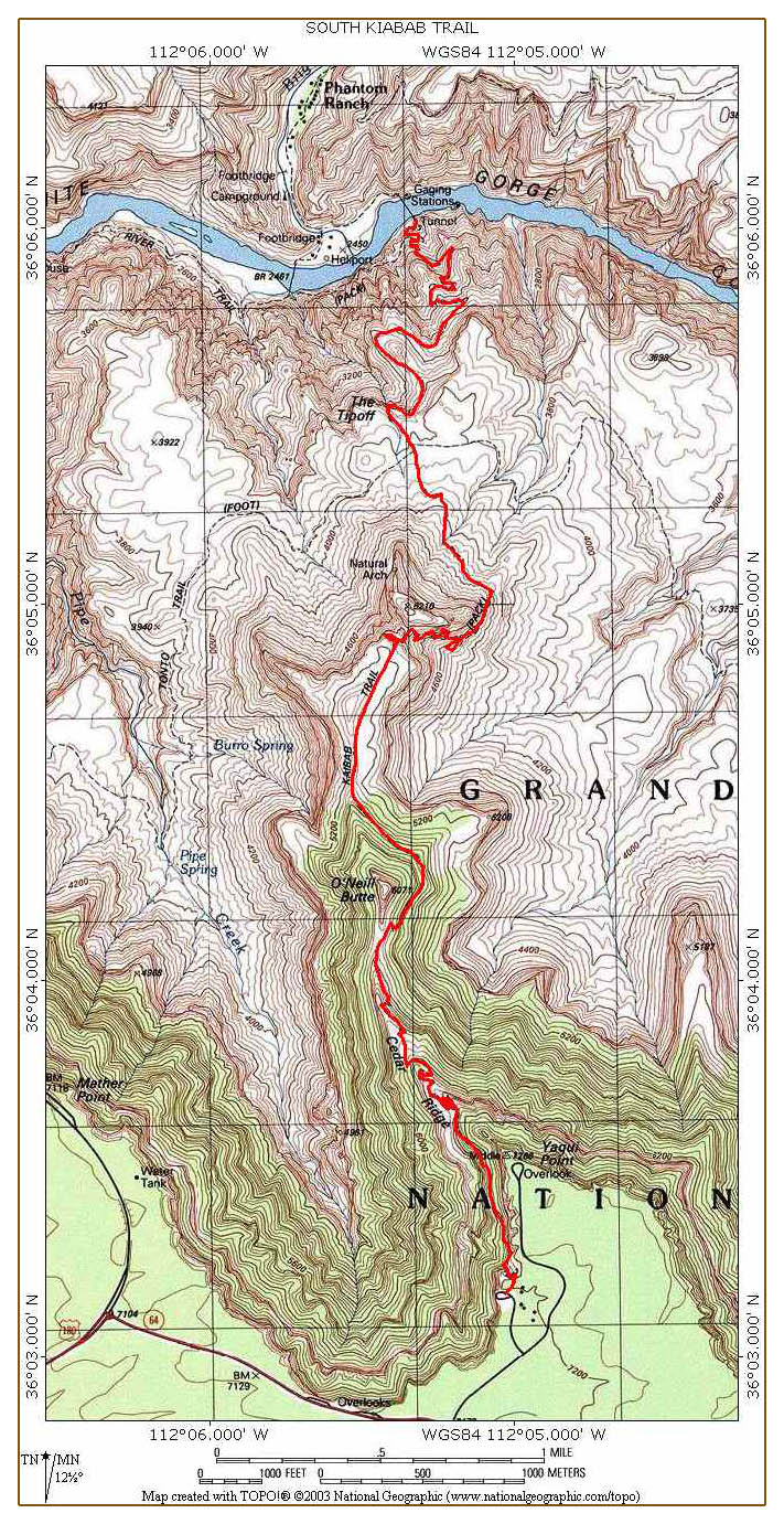 South Kaibab Topo Trail Map