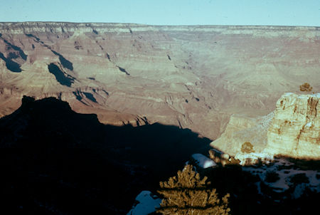 View up Bright Angel Canyon from Grand Canyon Village near head of Bright Angel Trail, Battleship in shadow, Indian Garden below - Grand Canyon National Park - Dec 1961