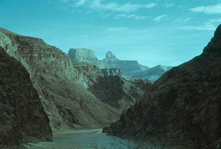 View upstream on Colorado River at Sumner Butte and Zoroaster Temple before turning up Garden Creek - Grand Canyon National Park - Jan 1962