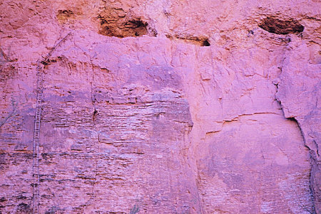 Ladder support structure (left) to mines (top) from below Mooney Falls - Grand Canyon National Park - Dec 1962 (part of Havasupai Indian Reservation as of 1975)