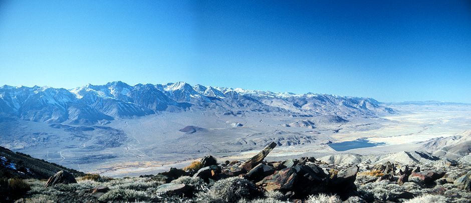 Panoramic view of the Sierra Nevada from Mazourka Peak.  The lake is Tinemaha Reservoir