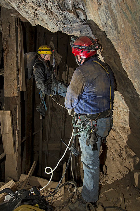 Stacy rappels to the 400' level (Underground Explorers Oct 2018)