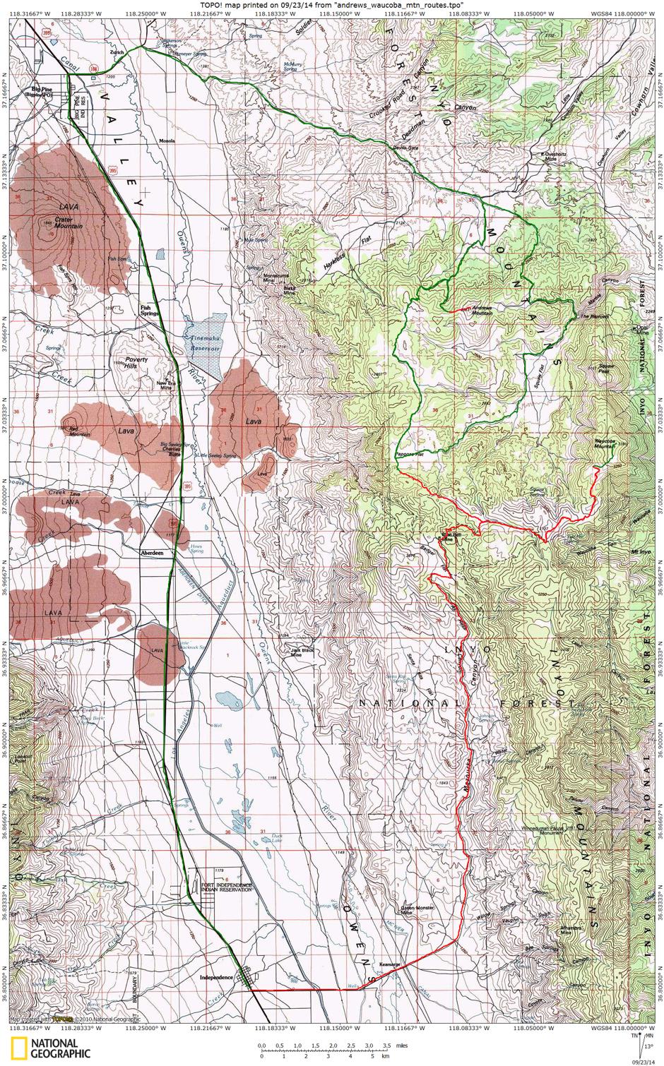 Route Map for Waucoba and Andrews Mountain trip