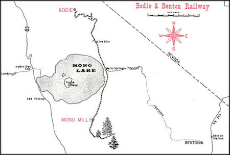 Bodie and Benton Railway map from Mono Mills to Bodie