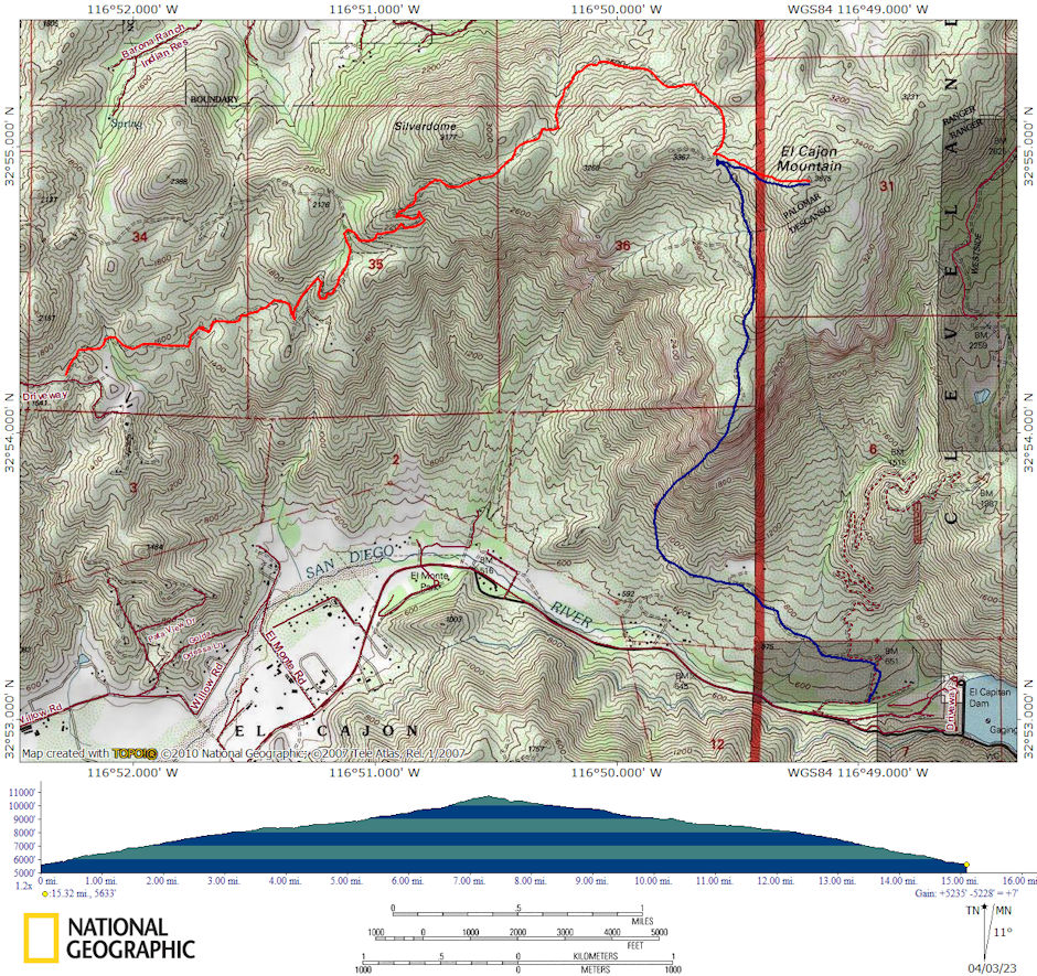 Routes to El Cajon Mountain - Mine in blue - Current in red