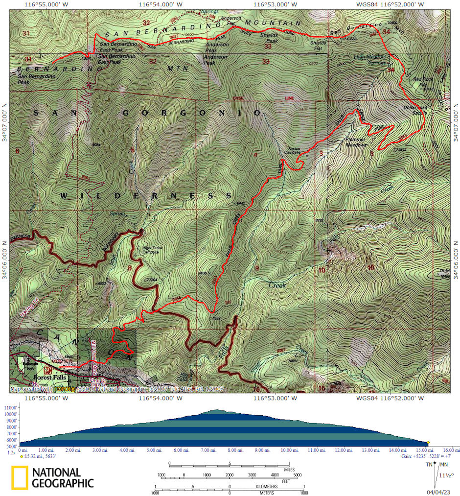 San Bernardino East Peak Falls Creek Trail Route Map