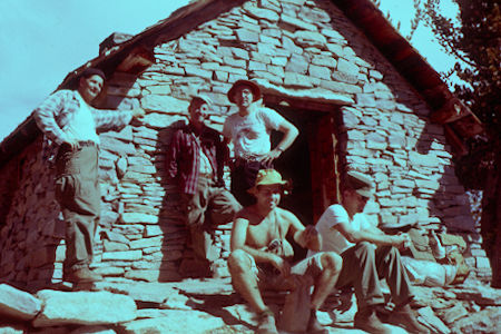 Bill Paine and Me standing next to door of hut on top of San Jacinto Peak - 10-25-59