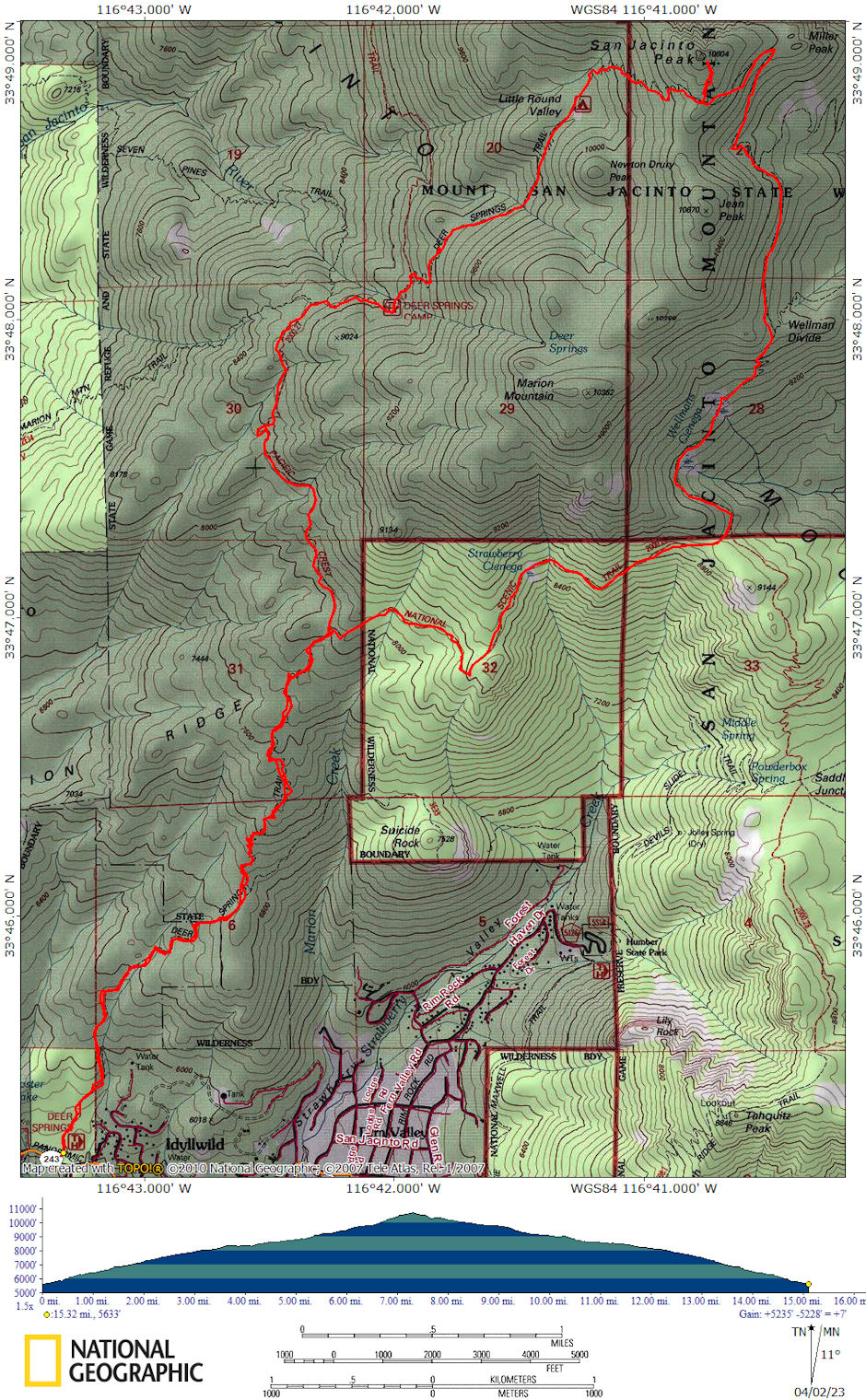 San Jacinto Peak Deer Springs Route Map and Profile