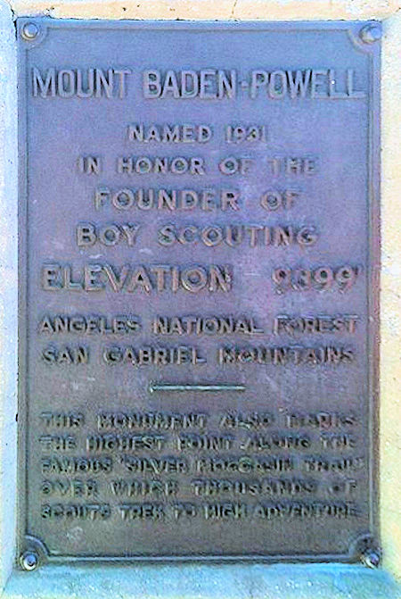 Mount Baden-Powell Identification Plaque on the Baden-Powell Monument