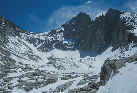 Arc Pass, Mt. McAdie, frozen Consultaion Lake from Mount Whitney Trail - 30 Apr 1977
