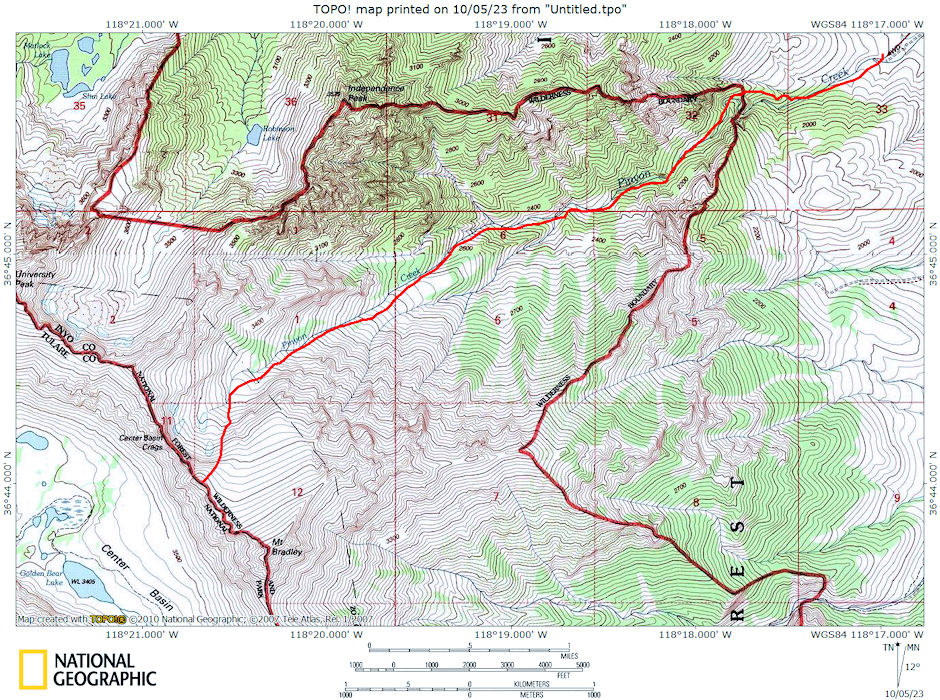 Route map up Pinyon Creek to climb Center Basin Crag #5