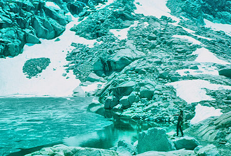 Scene at 'Cliff Lake', unknown fellow hiker - Sequoia National Park 20 Jul 1957