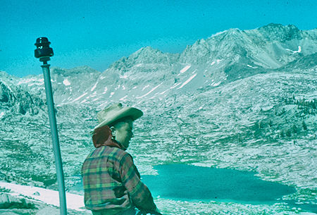 Nine Lake Basin from Kaweah Gap, unknown fellow hiker - Sequoia National Park 20 Jul 1957