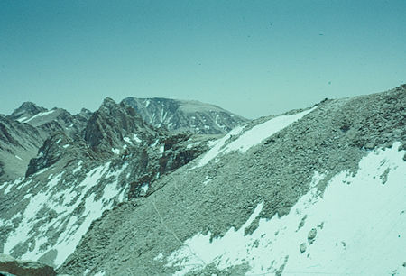 Pointy Mt. McAdie (left center), Mt. Langley (center rear), Trail Crest and trail down east side from Mount Whitney Trail - 24 Jul 1957