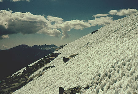 Snow adjacent to the trail down east side of Mount Whitney from Trail Crest - 24 Jul 1957