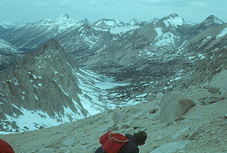 Just above the saddle, looking back at Kearsarge Pinnacles (left) and Kearsarge Lakes - Kings Canyon National Park 1960