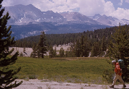 Kaweah range over Sandy Meadow on the John Muir/Pacific Crest Trail near Whitney trail junction - 19 Aug 1965