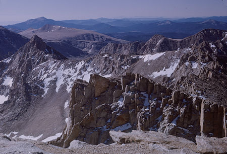 Mt. McAdie (left), Whitney Pass and Trail Crest, Keeler Needle from top of Mount Whitney - 21 Aug 1965