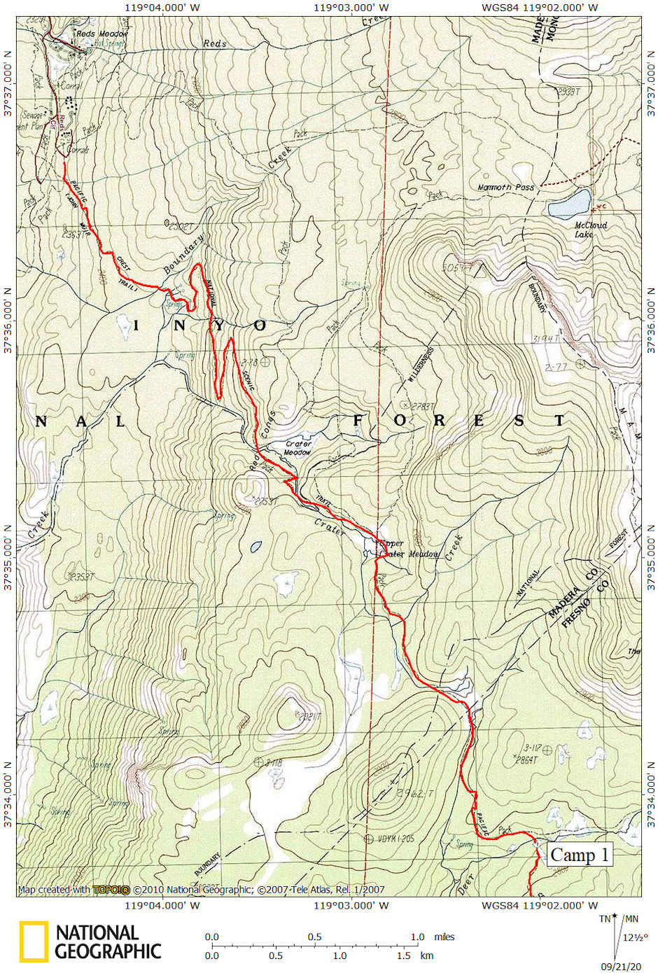 Reds Meadow to Deer Creek Camp map 1967