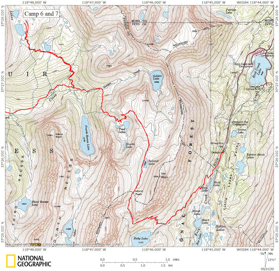Lower Pioneer Basin over Mono Pass to Rock Creek trailhead map 1967