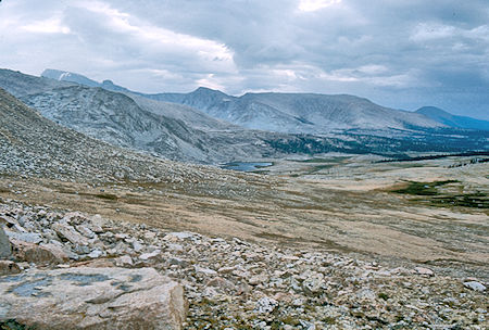 Mount Whitney (left skyline), Mt. Guyot, Wright Lake basin from Tawny Ridge - Sequoia National Park 24 Aug 1971
