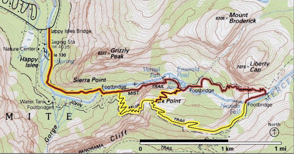 Vernal and Nevada Fall trail map