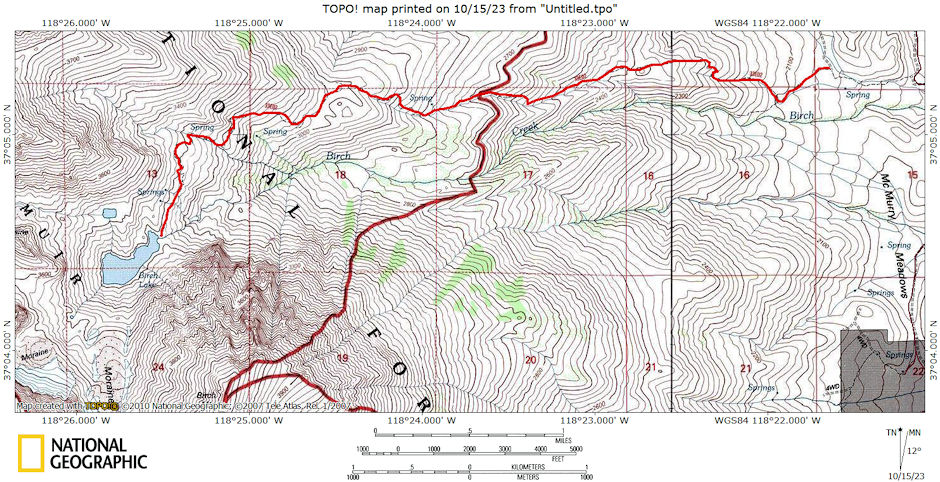 Birch Creek/Lake route map using train on topo map