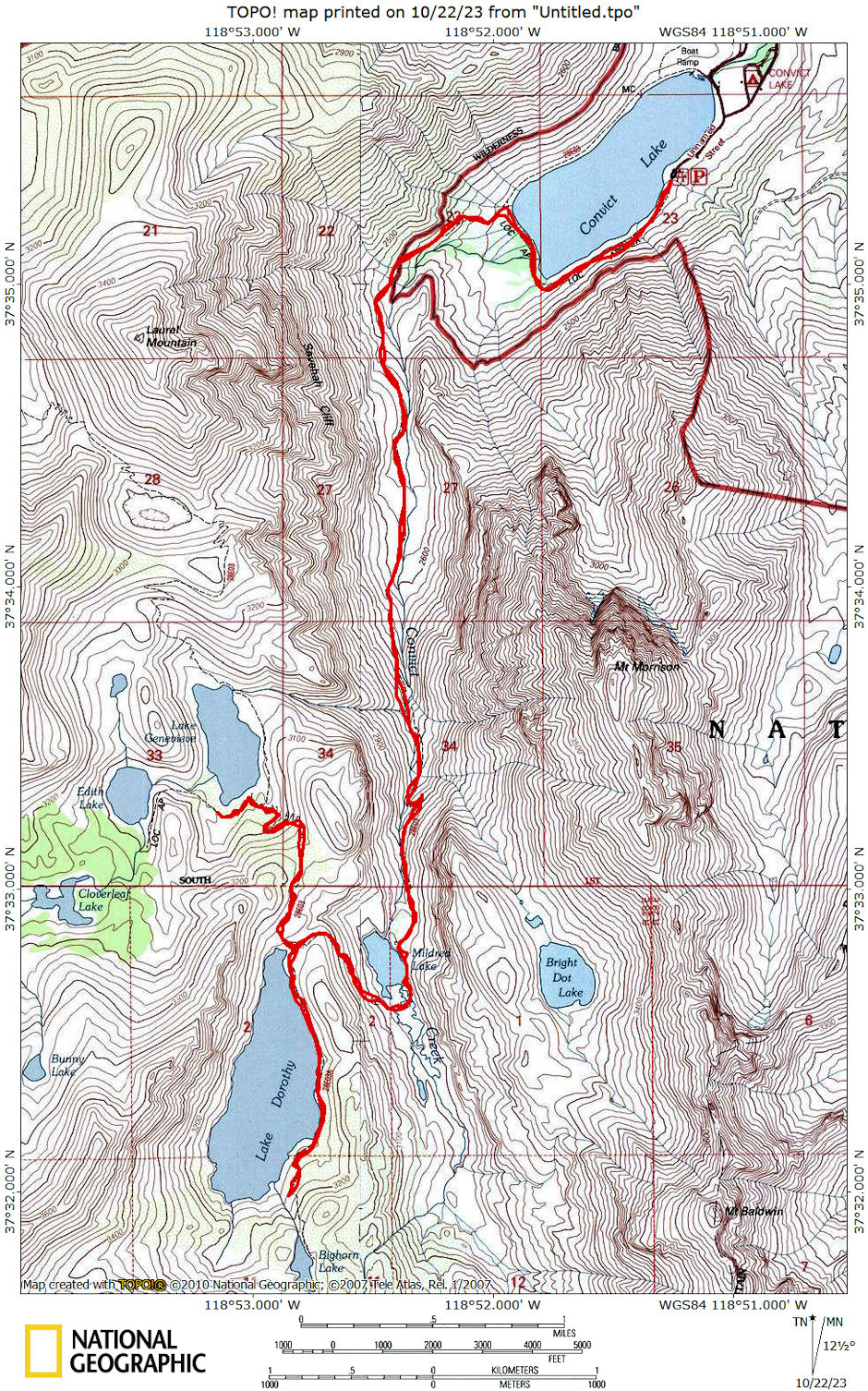 Backpack trip route on Convict Creek Trail in 1973