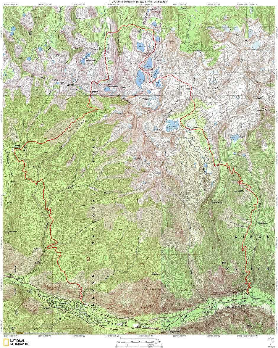 Route map for Volcanic Lakes trip in Kings Canyon National Park 1974