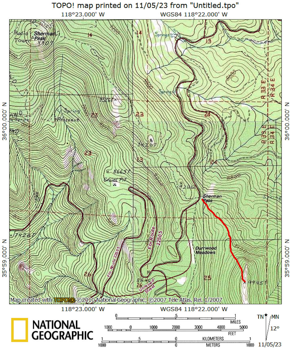 Route map to Peak 9926 from Sherman Pass 1975