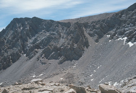 Lone Pine Peak - class 2 chute climbing route to right of center - from Candlelight Peak - Jul 1975