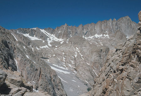 Consultation Lake, Mt. Muir (center), Keeler Needle and Mount Whitney (right) from Candlelight Peak - Jul 1975