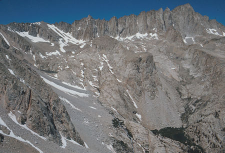 Consultation Lake (left), Mt. Muir (left center), Keeler Needle and Mount Whitney (right), Wotans Throne (center foreground), Mirror Lake (lower right) from Candlelight Peak - Jul 1975