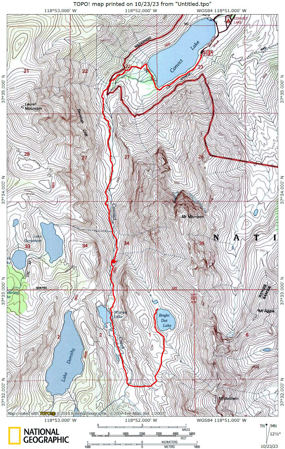 Route for thire Convict Creek backpack 1976
