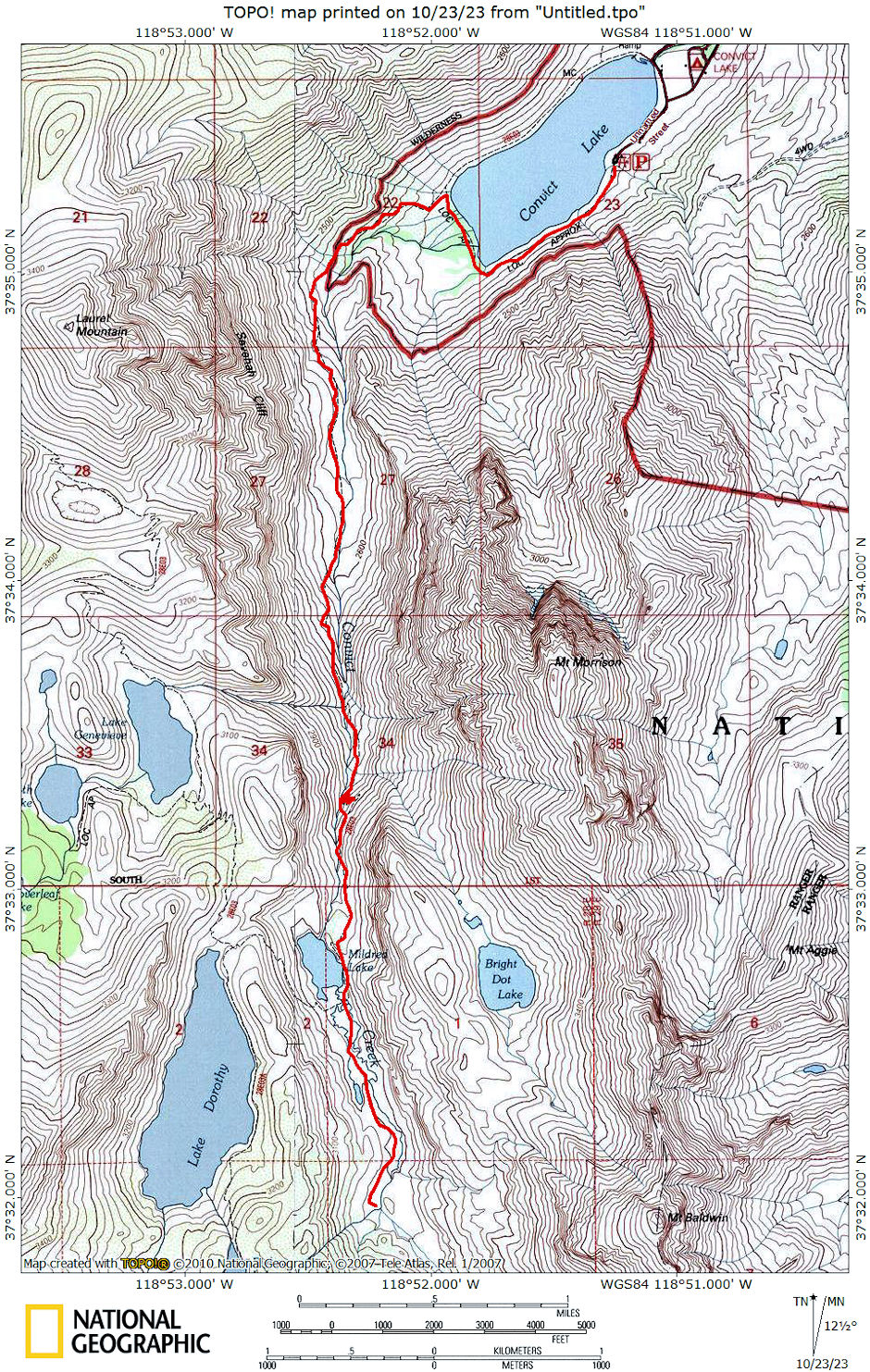 Route for fourth Convict Creek backpack 1977
