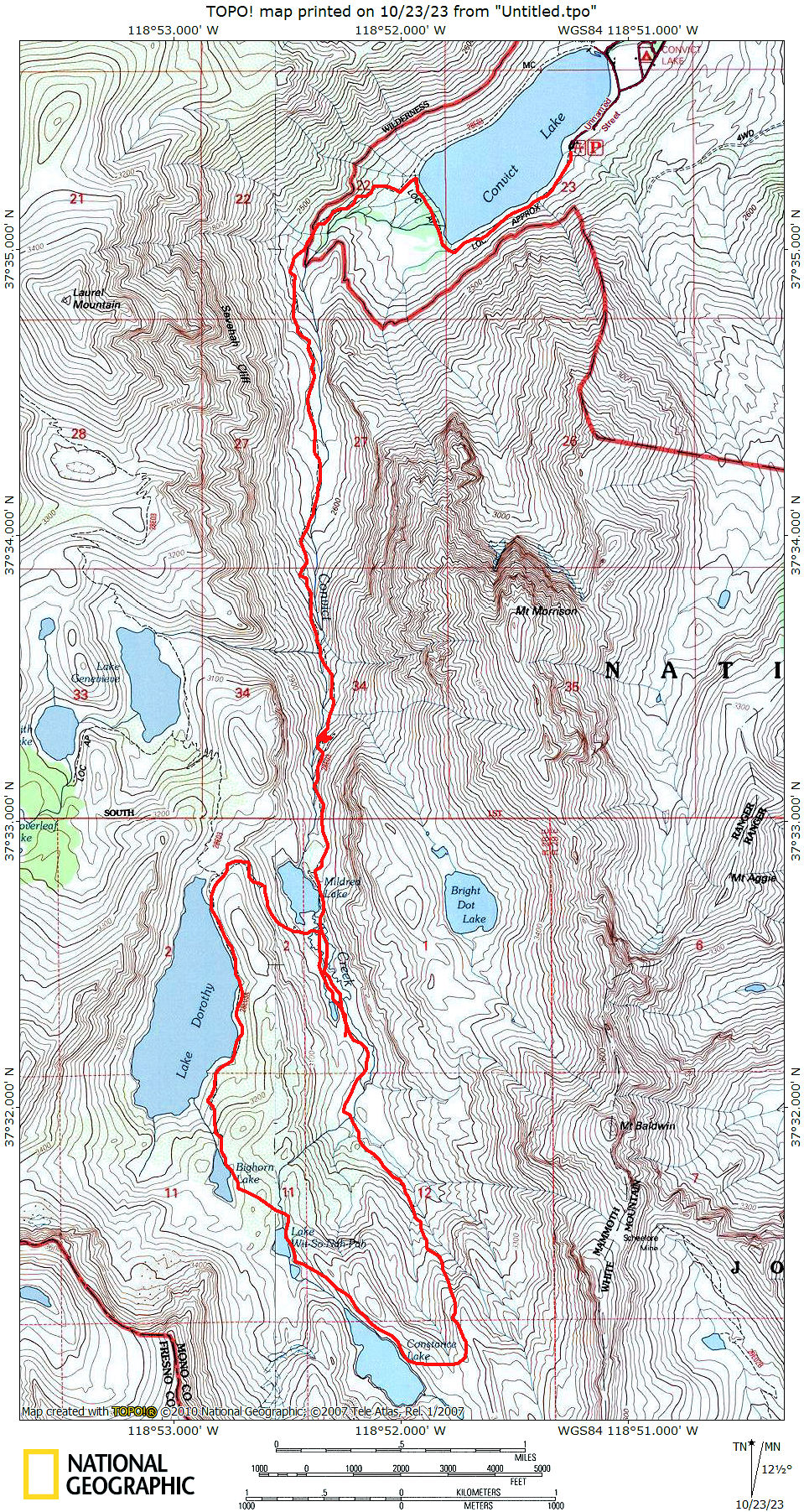 Route for fifth Convict Creek backpack 1980