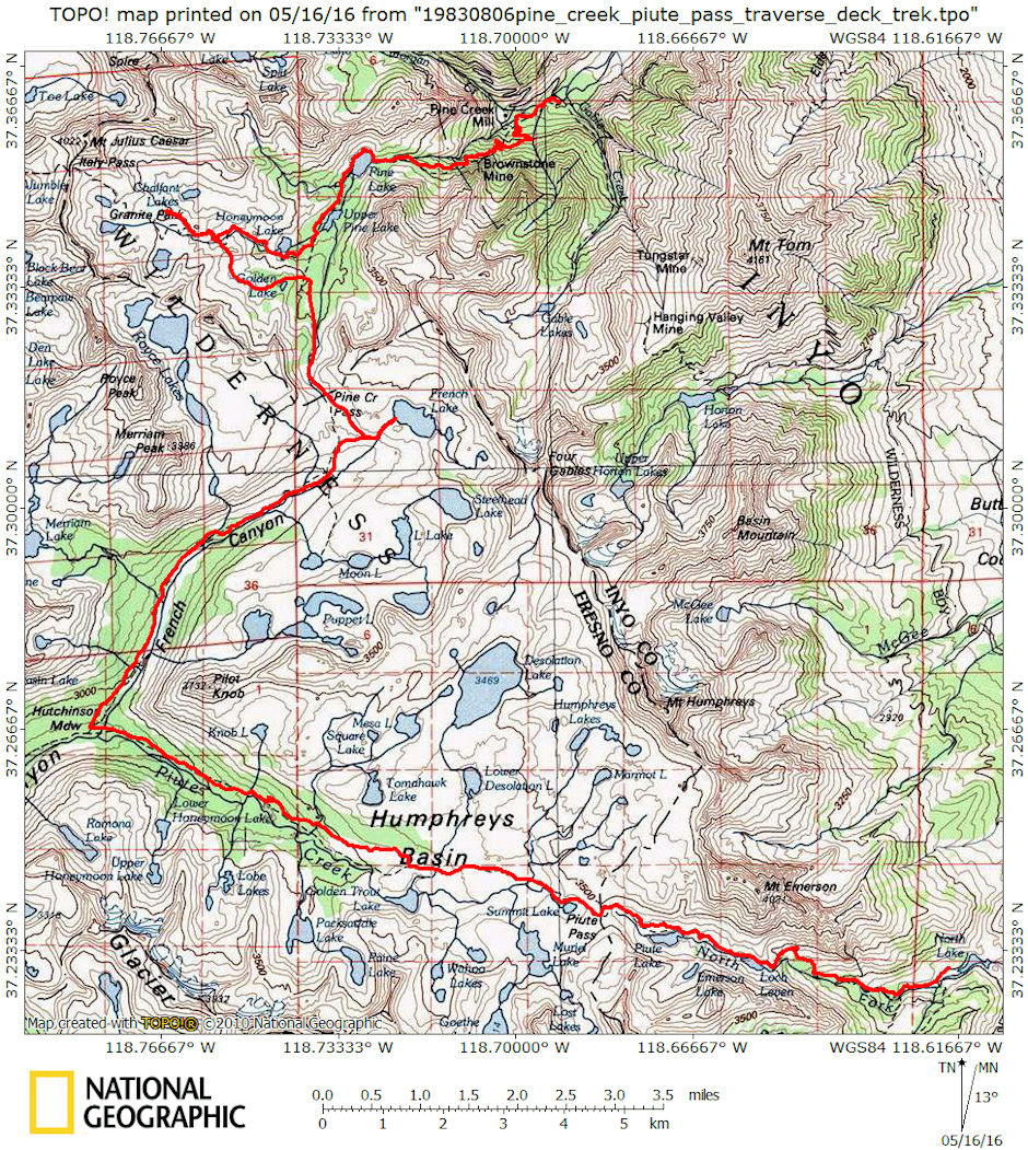 Pine Creek-Piute Pass Traverse Deck Trek Map