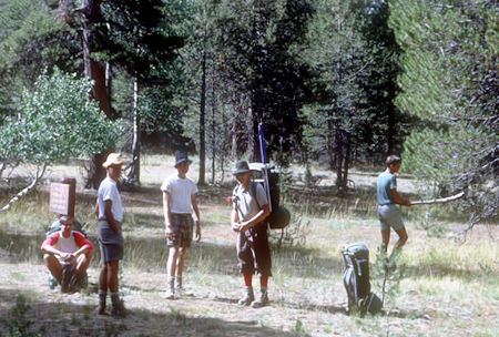 The gang at trail junction: Kevin Twohey, Tim McSweeney, Greg O'Leary, Ed Myers,  Bob Johnson - Hoover Wilderness - Aug 1966