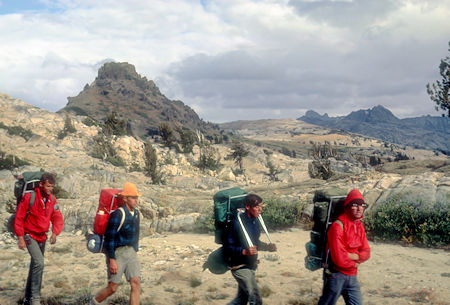 Grizzly Peak - Greg O'Leary leads Kevin Twohey, Tim McSweeney and Bob Johnson on the trail - Emigrant Wilderness - Aug 1966