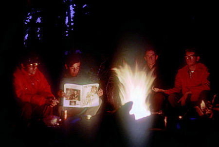 Around the campfire at Emigrant Lake -- Ed Myers, Kevin Twohey with Playboy Magazine, Tim McSweeney, Greg O'Leary - Emigrant Wilderness - Aug 1966