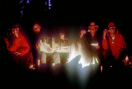Around the campfire at Emigrant Lake -- Ed Myers, Kevin Twohey with Playboy Magazine, Tim McSweeney, Greg O'Leary - Emigrant Wilderness - Aug 1966