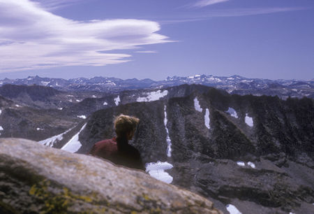 Saurian Crest, Craig Peak, Banner Peak, Mt. Ritter, Mt. Lyell from top of Forsyth Peak - 26 Aug 1965