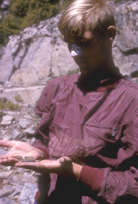 Noel Parr and friendly snake at Dorothy Lake - 26 Aug 1965