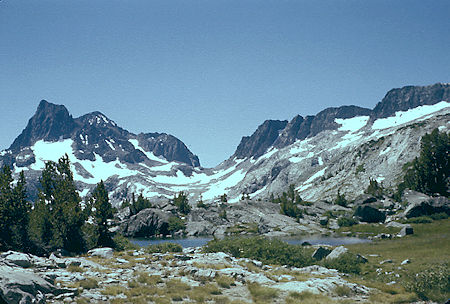 Banner Peak, Mt. Ritter (in back), the pass to Lake Catherine, Mt. Davis (right edge) from Island Pass - Ansel Adams Wilderness - Aug 1958