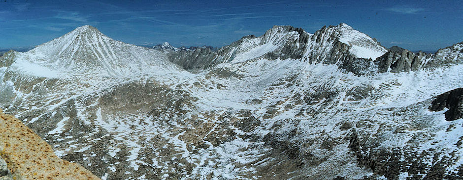 Mt. Gabb, Gabbot Pass, Mt. Abbot and Mt. Dade from top of Mount Julius Ceasar - John Muir Wilderness 12 Jun 1977