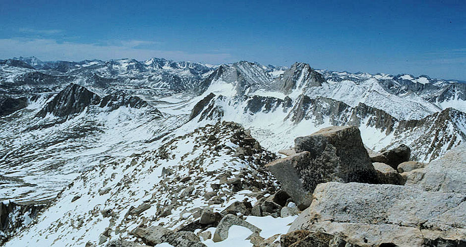 Royce Peak and Merriam Peak from top of Mount Julius Ceasar - John Muir Wilderness 12 Jun 1977