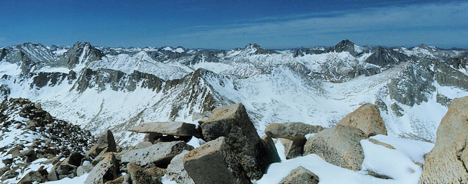 Royce Peak (left) and Gemini (center) and Seven Gables (right) from top of Mount Julius Ceasar - John Muir wilderness 12 Jun 1977